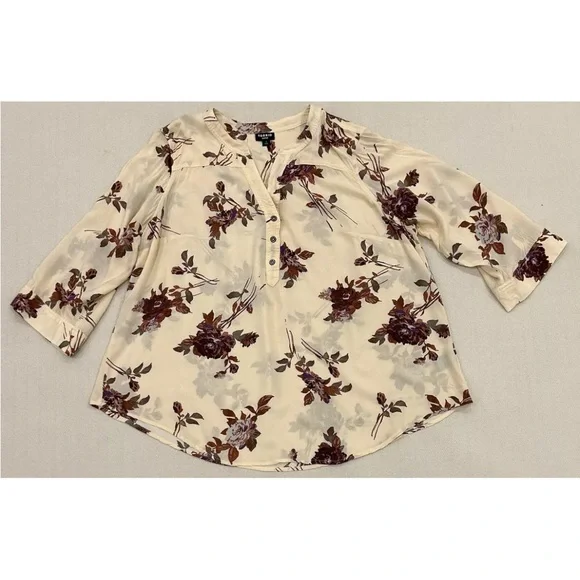 Torrid Blouse Pullover Challis Floral Tan Roll Tab Sleeve Sz 1 - Picture 2 of 9